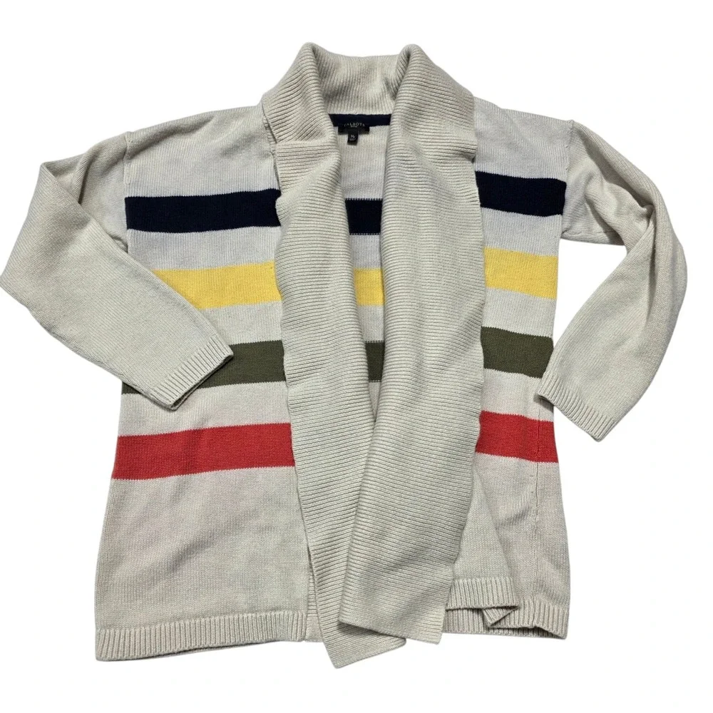 Talbots Striped Shawl Collar Cardigan Sweater Beige Navy Yellow Green Red ‎ MP
